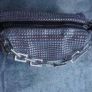 Silver Metallic Textured Clutch, Chain Strap Evening Bag Crossbody Light Weight